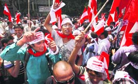 Anti-government protesters during a rally in Kathmandu on Friday
