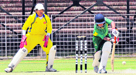 Players in action during a match at Sector 16 Cricket Stadium in Chandigarh on Saturday.