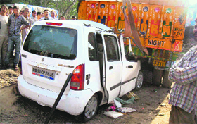 The car which rammed into the stationary truck at Hatwas in Kangra on Sunday.