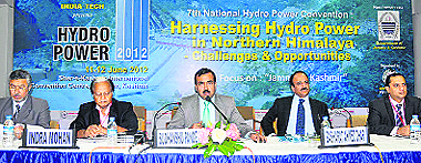 (From left) India-Tech Foundation president Indra Mohan, Principal Secretary, Power Development Department, Sudanshu Panday and Managing Director of the J&K Power Development Corporation Bashir Ahmad Dhar address a press conference in Srinagar on Sunday.