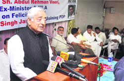 PDP patron Mufti Mohammad Sayeed addresses party leaders and workers during a function in Jammu on Sunday