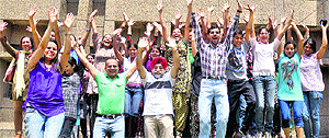 Maruti Sharma, along with SS Bijral, former IG, Jammu Kashmir Police, and the students of the University of Life, during a personality development session at the University of Jammu on Sunday