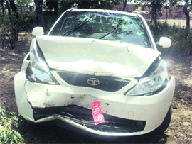 The badly damaged Indica Vista car which met with an accident near Aligarh village on the Ludhiana-Moga highway near Jagraon on Sunday.