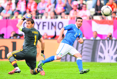 Italian forward Antonio Di Natale (right) scores past Spanish goalkeeper Iker Casillas during match against Spain. 