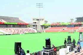 A view of the Astroturf at the hockey stadium in Sector 42, Chandigarh