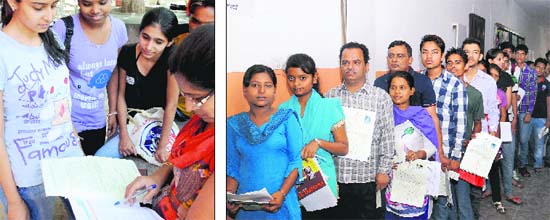 Parents fill in admission forms for Class XI; and (right) students queue up to submit their admission forms at Government Senior Secondary School, Sector 19, Chandigarh, on Monday