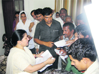 Haryana Education Minister Geeta Bhukkal listens to public grievances at her residence in Jhajjar.