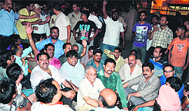 BJP leaders and workers stage a protest at the Civil Lines police post for not taking action against the culprits who had beaten their newly elected councillor Dr Ram Chawla in Amritsar
