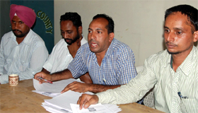 Members of the original and official SSA-RMSA CSS Teachers' Union holding a press conference in Bathinda on Tuesday.