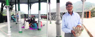 Visitors being forced to sit on the floor as benches were wrongly placed; and (right) Shiv Kumar Bhardwaj, a local resident, shows a wooden piece that fell from a pillar in Bahuguna Park in Mussoorie