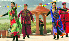 Artistes perform during the inaugural function of the annual Ladakh Singay Khabas Sindhu festival in Leh on Tuesday.
