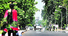 No relief for city residents either from power cuts or the blistering sun. A mirage is formed on a road as the mercury soars in Ludhiana.