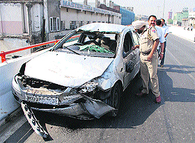 A car that overturned in Ludhiana on Tuesday. 
