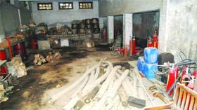 Fire-fighting equipment in a dilapidated state at the Town Hall fire station in Amritsar