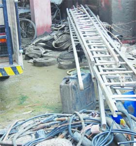Fire-fighting equipment in a dilapidated state at the Town Hall fire station in Amritsar