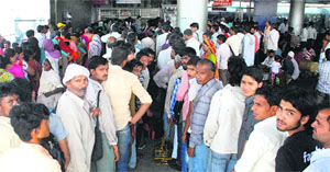 Long queues of passengers at the booking counter at Chandigarh Railway Station on Wednesday. 