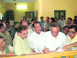 Chief Minister Vijay Bahuguna files nomination papers from the Sitarganj Assembly segment at the SDM's office, Sitarganj, on Wednesday. 