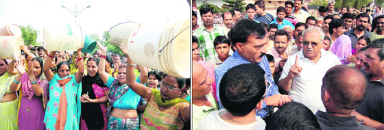 Women demonstrate against water shortage in Dehradun on Wednesday; and (right) BJP MLA and former Speaker Harbans Kapoor leads a protest. 