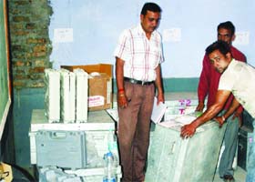 Election officials oversee arrangements at a booth in Ward 3, which will go for re-poll tomorrow in Amritsar