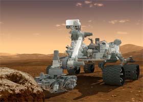 This artists concept features NASAs Mars Science Laboratory Curiosity rover, a mobile robot for investigating Mars past or present ability to sustain microbial life as seen in this handout NASA image