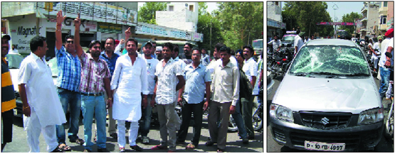 Congress workers raising slogans against the state government in Ferozepur on Friday; car of the Congress worker that was damaged in the attack.
