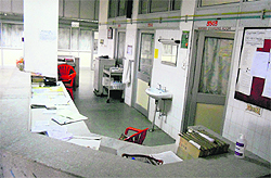 An empty counter near the emergency at the Government Medical College and Hospital, Sector 32, as nurses go on strike in Chandigarh on Friday