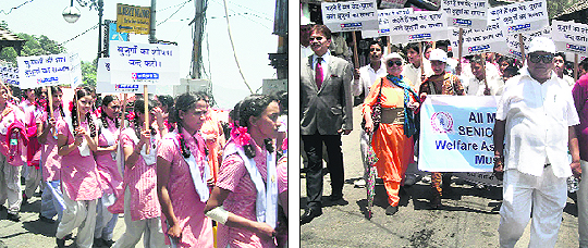 Students of Mussoorie Girls Inter-College take out a march to mark World Elder Abuse Awareness Day; and (right)  a rally organised in Mussoorie on Friday .