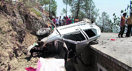 The car that met with an accident at Sar Ki Dhar, 30 km from Sundernagar, on Friday.