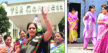 YSR Congress supporters celebrate the party's win in Hyderabad on Friday; and (right) the party chief Jagan Mohan Reddy's mother Vijayalakshmi (R), sister YS Sharmila (L) and wife Bharati come out of Chanchalguda jail after meeting him