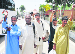 Freed Indian prisoners at the Attari-Wagah joint check post after their repatriation from Pakistan on Friday. 