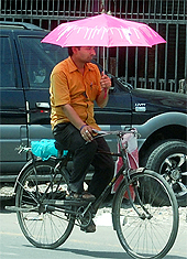 A cyclist uses his umbrella to protect himself from the scorching heat in Amritsar on Saturday