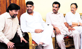 Former Union minister Bacchi Singh Rawat, former Chief Minister BC Khanduri and other senior BJP state leaders at a meeting in Dehradun on Saturday.