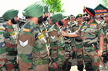 Army General Bikram Singh interacts with troops at Chinar Corps headquarters in Srinagar on Saturday. 