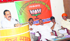 Dr Jitendra Singh, National Executive Member & Chief spokesperson, during a one-day workshop on interlocutors report organised by the BJP in Jammu on Sunday. 