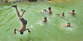 A boy dives into the Bist Doab Canal in Jalandhar.