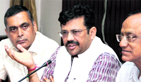Punjab BJP general secretary Kamal Sharma along with Chief Parliamentary Secretary KD Bhandari addresses mediapersons in Jalandhar on Saturday.