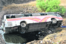 The bus that fell off a bridge near Osmanabad on Saturday.