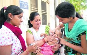 An infant is being administered polio drops in Jalandhar on Sunday
