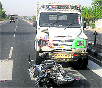 A jeep that ran over a motorcycle on wrong side of four-lane Ludhiana-Malerkotla road near a public school at Goplal Pur near Ahmedgarh on Saturday