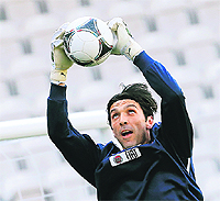 Italys goalkeeper Gianluigi Buffon during a training session in Krakow on Sunday.