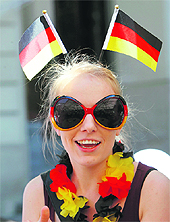 A German fan before her countrys match against Denmark in Lviv on Sunday