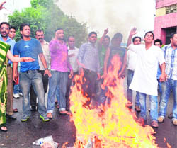 Workers of the Uttarakhand Janmanch burn an effigy of the Central Government and those opposing hydroelectric projects in Dehradun on Monday. 