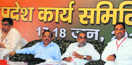 From left: Senior BJP leaders OP Dhankar, Harshvardhan, Krishan Pal Gurjar and Cap Abhimanyu at the state executive meeting.