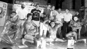 Winners of the state body-building championship perform in Nurpur on Sunday.
