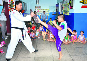 A child learns Taekwondo skills at Vatika Play School, Bhai Randhir Singh Nagar, in Ludhiana.