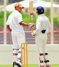 West Indies As Kieran Powell celebrates his half century against India A on the second day of their 3rd unofficial Test in St. Lucia on Sunday