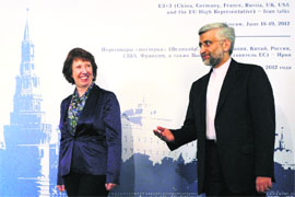 European Union Foreign Policy Chief Catherine Ashton (L) with Irans Chief Negotiator Saeed Jalili in Moscow.