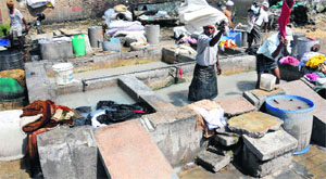 Washermen wash clothes in unhygenic conditions at Sector 8 in Chandigarh.