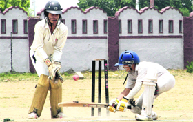 A batsman in action in a match during the Shyam Dutt Joshi Memorial Cricket Tournament under way at Survey Stadium in Dehradun on Tuesday.