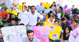 SOPU members protest at Panjab University on Wednesday.